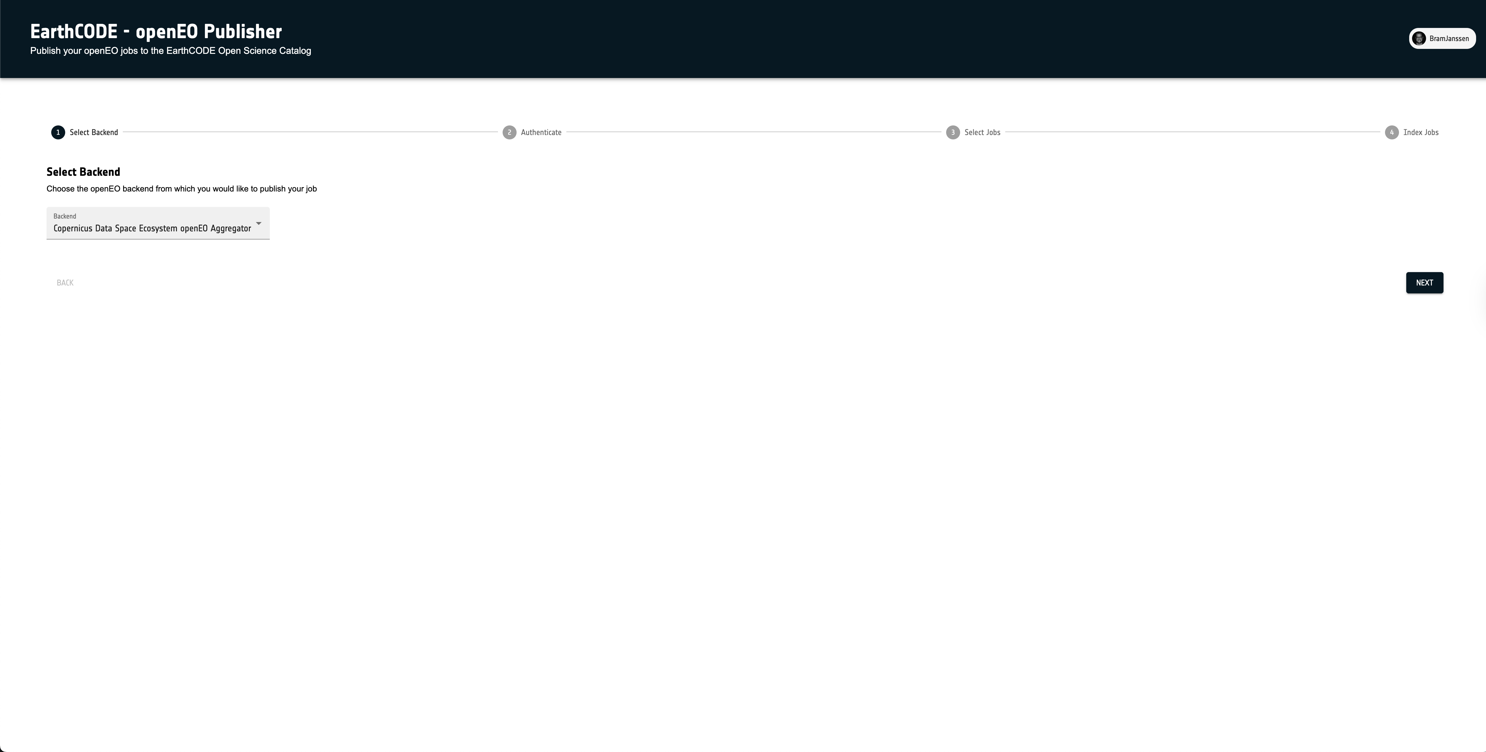 openEO Publishing Tool - Backend Selection