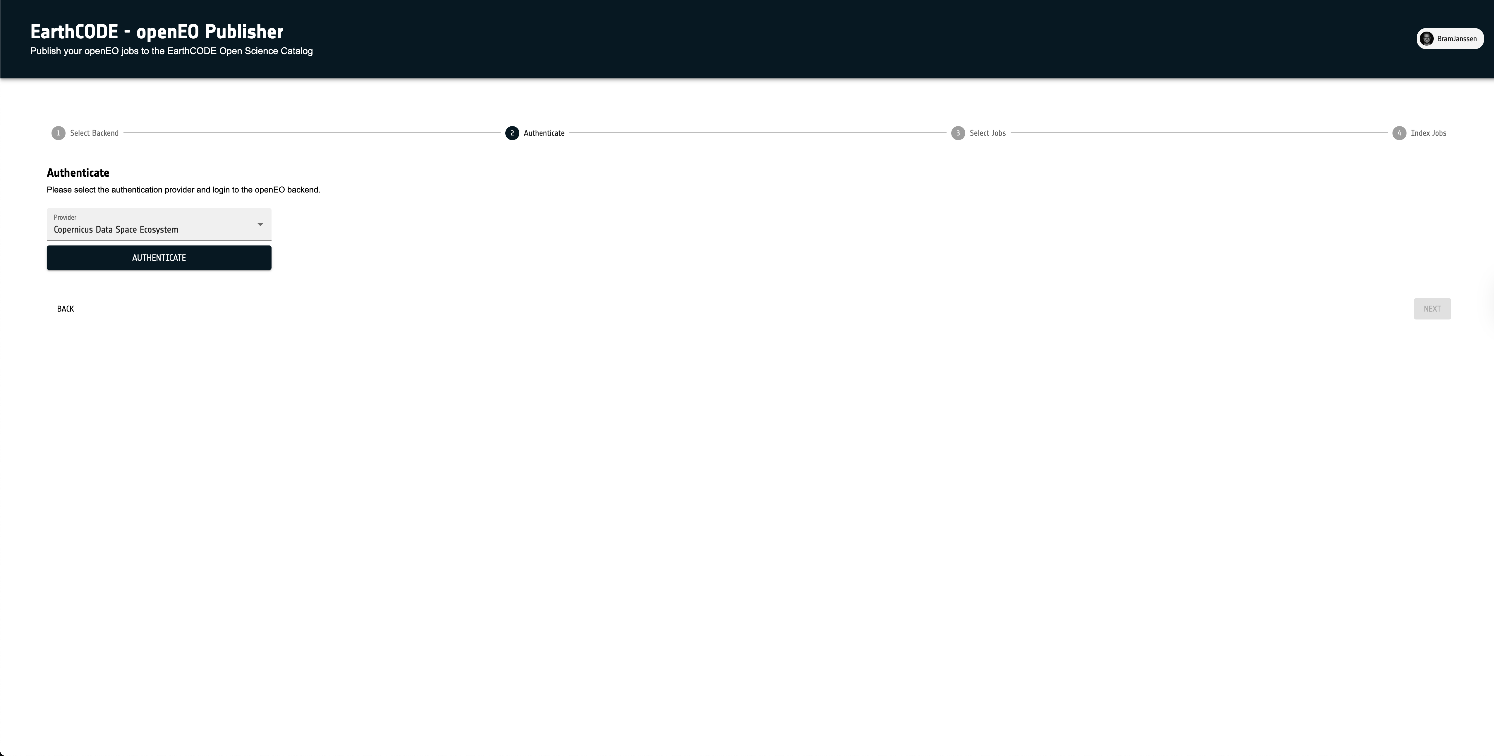 openEO Publishing Tool - Backend Selection