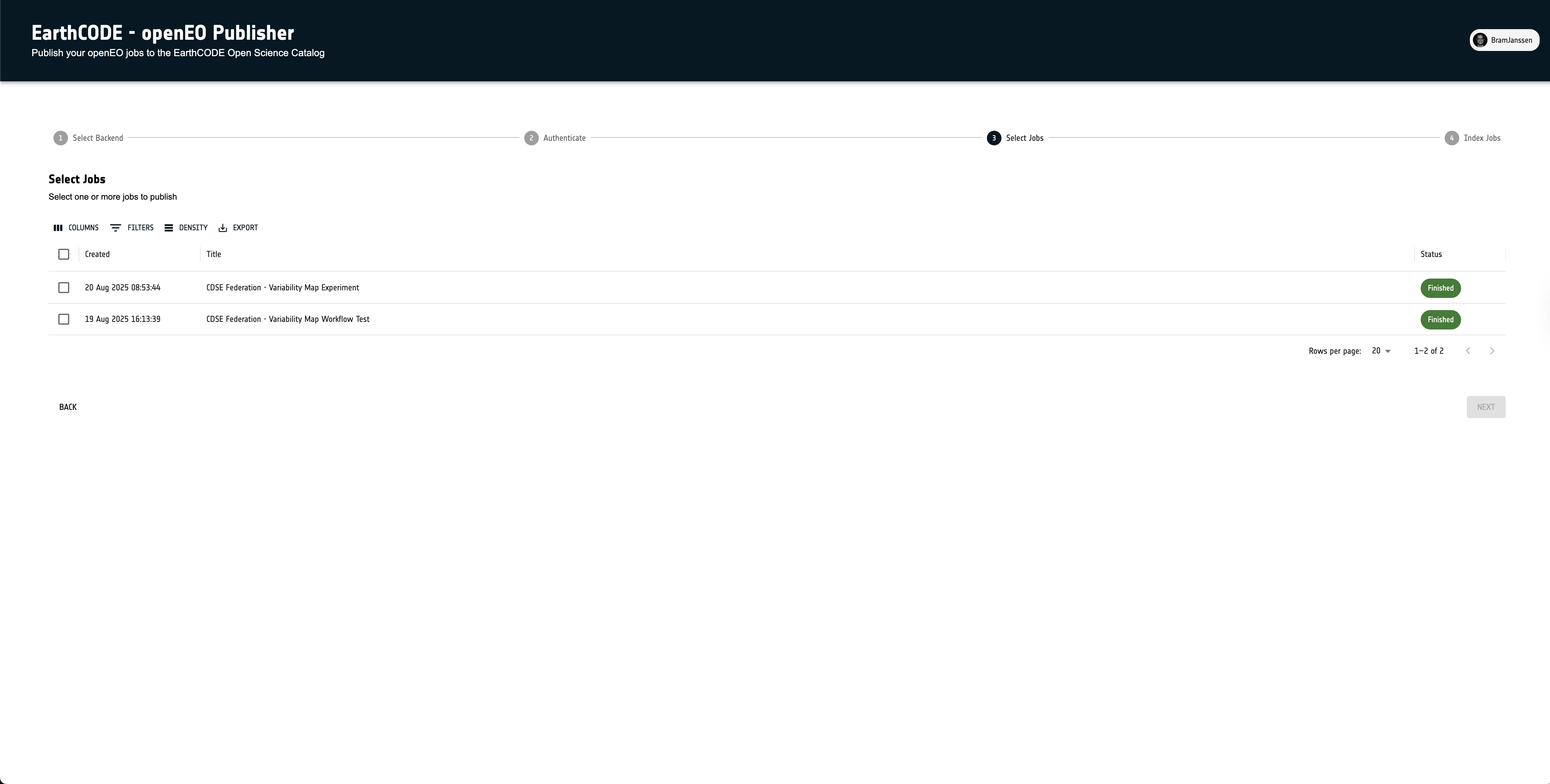 openEO Publishing Tool - Experiment Selection