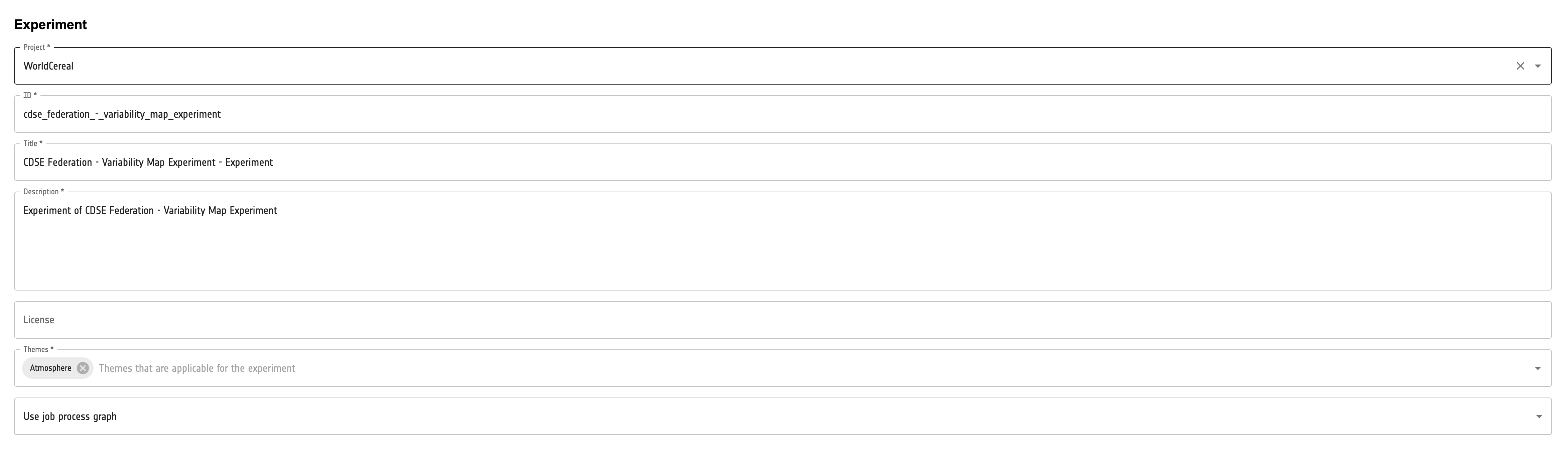 openEO Publishing Tool - Experiment Form