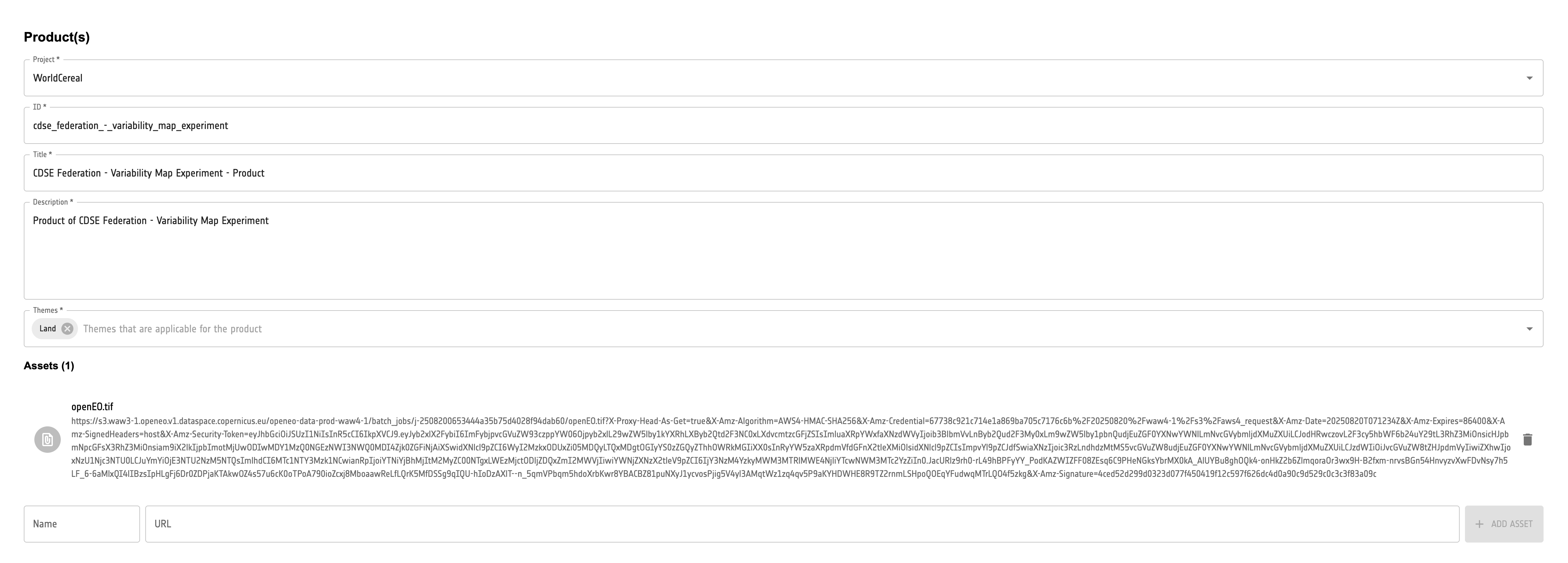 openEO Publishing Tool - Product Form