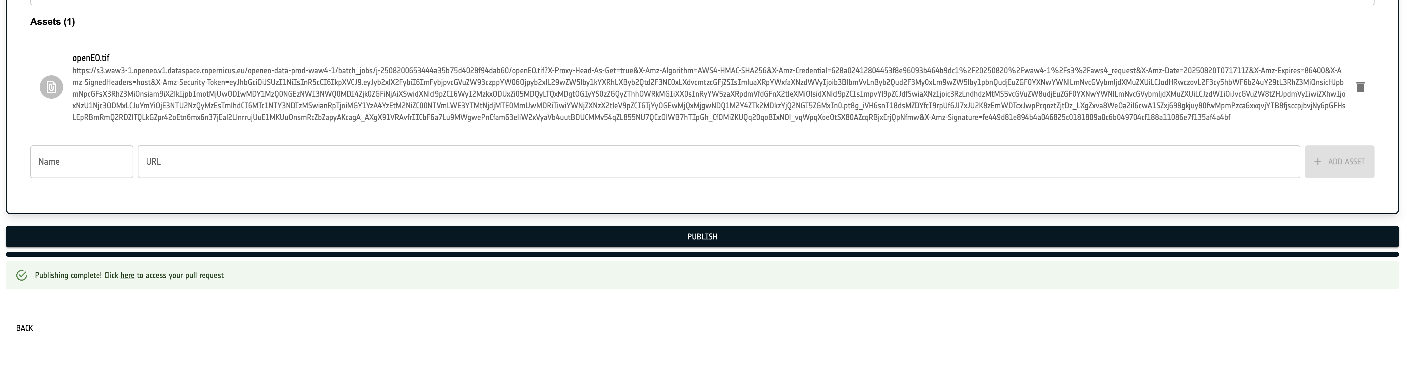 openEO Publishing Tool - Publication Complete