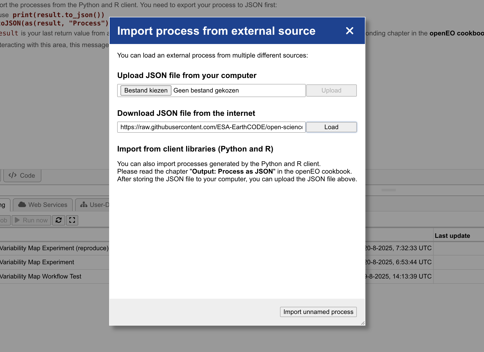 Reproducing Experiment - openEO Web Editor - Import Form
