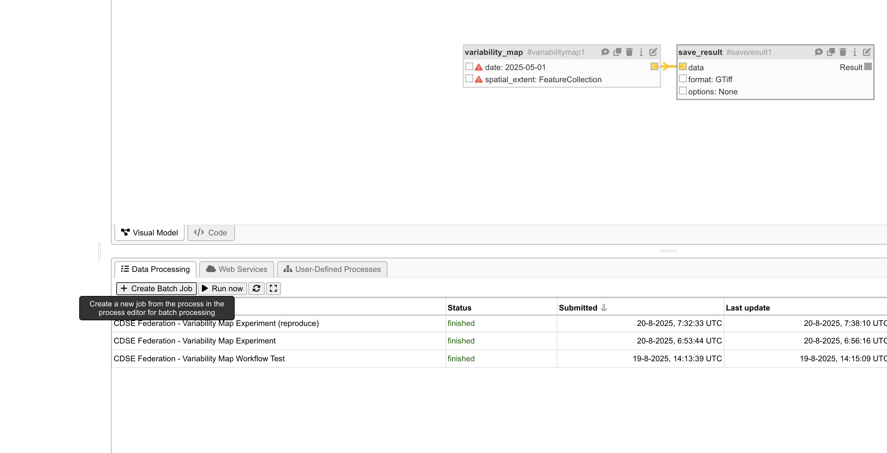 Reproducing Experiment - openEO Web Editor - Create Batch Job